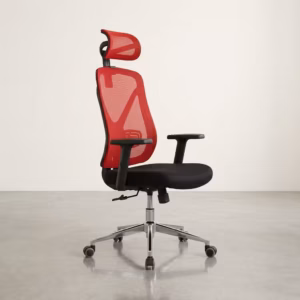 Premium Adjustable Ergonomic Office Chair featuring a black mesh high backrest, an adjustable headrest, rigid armrests, and a reflective polished chrome star base with wheels.
