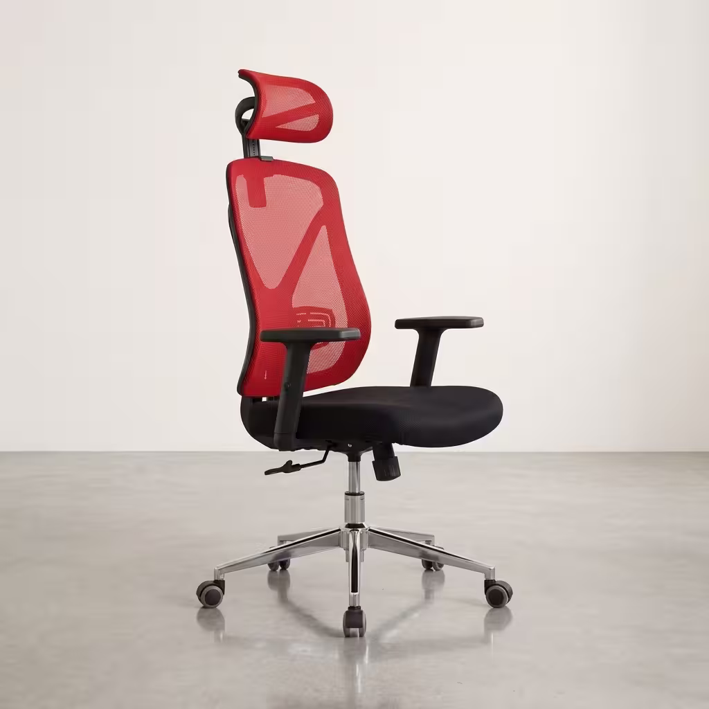 Premium Adjustable Ergonomic Office Chair featuring a black mesh high backrest, an adjustable headrest, rigid armrests, and a reflective polished chrome star base with wheels.