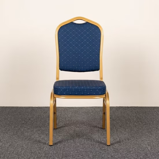 Premium Blue Banquet Chair With Gold Steel Frame featuring a crown-back design in royal blue fabric with gold dots and a highly reflective glossy gold steel frame, standing on a polished event floor.