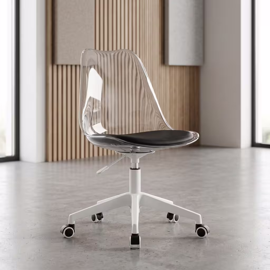 Premium Adjustable Height Swivel Study Chair showcasing a crystal-clear transparent molded acrylic shell backrest, a thick matte black faux leather seat cushion, a manual height adjustment lever, and a high-stability powder-coated white five-star star base on rolling wheels.