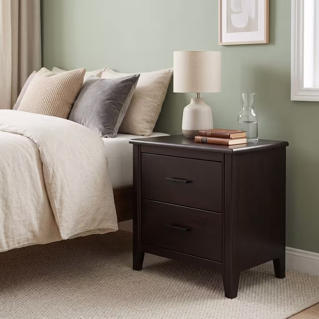 Premium 2-Drawer Modern Bedside Table in a rich espresso finish, showcasing two closed drawers with matte black horizontal pull handles, a tabletop supporting a vintage brass table clock, a leather journal, and a ceramic mug, resting on a textured light cream area rug next to light wood flooring.