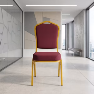 Premium Stackable Banquet Conference Chairs featuring a high-prestige crown-back silhouette in a textured fabric upholstery, supported by a sturdy four-legged powder-coated steel tube frame, standing in a structured row inside a modern conference room.