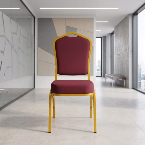 Premium Stackable Banquet Conference Chairs featuring a high-prestige crown-back silhouette in a textured fabric upholstery, supported by a sturdy four-legged powder-coated steel tube frame, standing in a structured row inside a modern conference room.