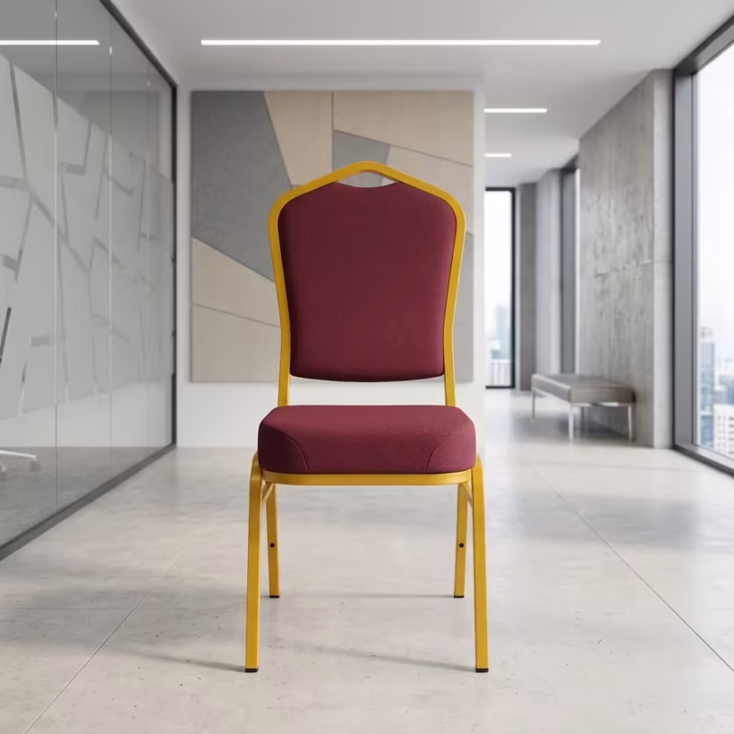 Premium Stackable Banquet Conference Chairs featuring a high-prestige crown-back silhouette in a textured fabric upholstery, supported by a sturdy four-legged powder-coated steel tube frame, standing in a structured row inside a modern conference room.