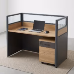 Premium 1-Way Modern Office Workstation featuring an oak woodgrain top, a three-sided privacy partition with a slatted glass screen, and a lockable 3-drawer under-desk mobile filing cabinet.