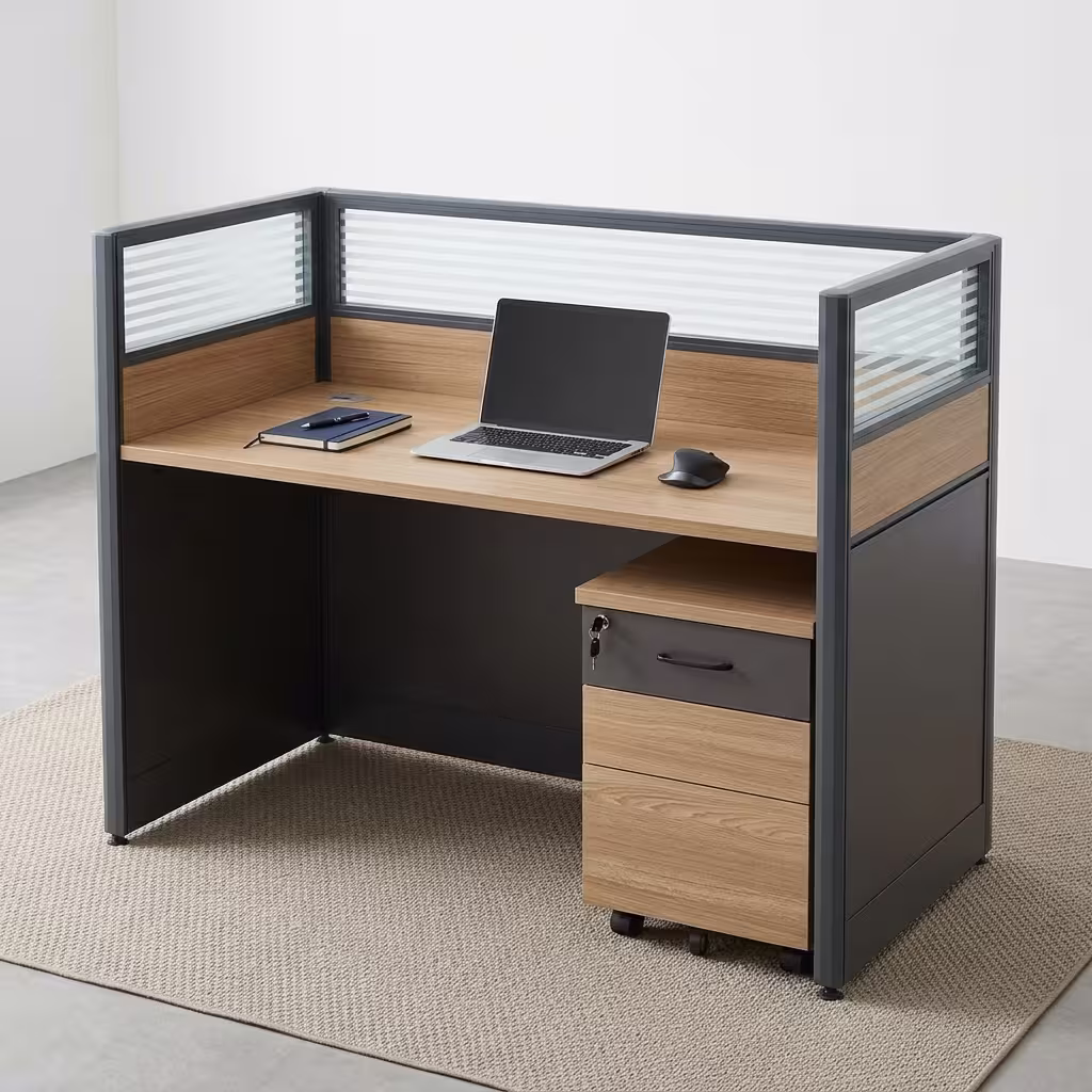 Premium 1-Way Modern Office Workstation featuring an oak woodgrain top, a three-sided privacy partition with a slatted glass screen, and a lockable 3-drawer under-desk mobile filing cabinet.