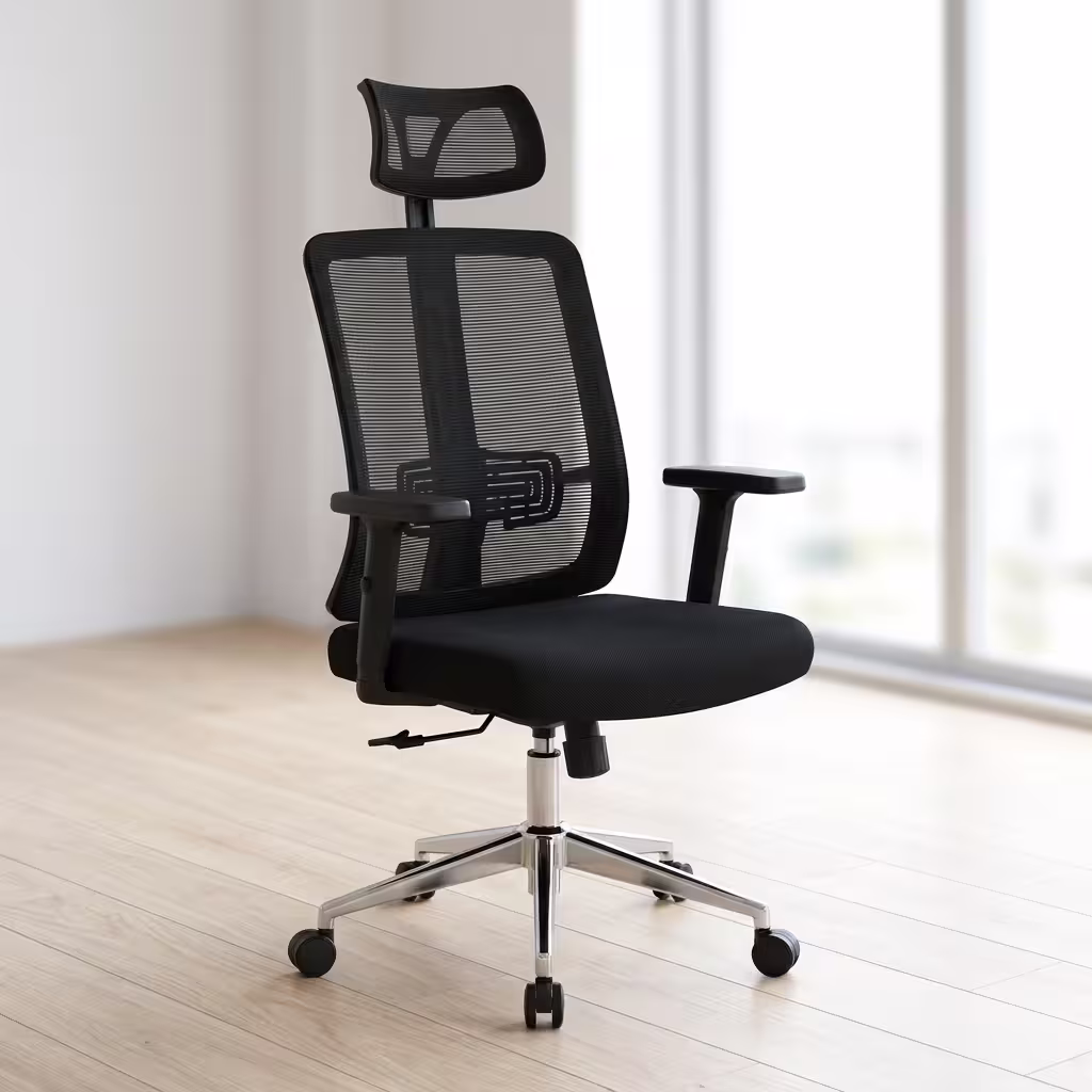Premium Ergonomic High Back Swivel Office Chair featuring an S-curved black mesh backrest, an adjustable headrest, and a heavy-duty black five-star rolling caster base.