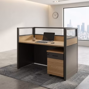 Premium 1-Way Modern Office Workstation featuring an oak woodgrain top, a three-sided privacy partition with a slatted glass screen, and a lockable 3-drawer under-desk mobile filing cabinet.