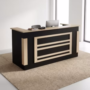 Premium 2M Wooden Reception Office Desk with a dark walnut front panel, a white transaction ledge, and built-in drawers in a bright corporate office lobby.