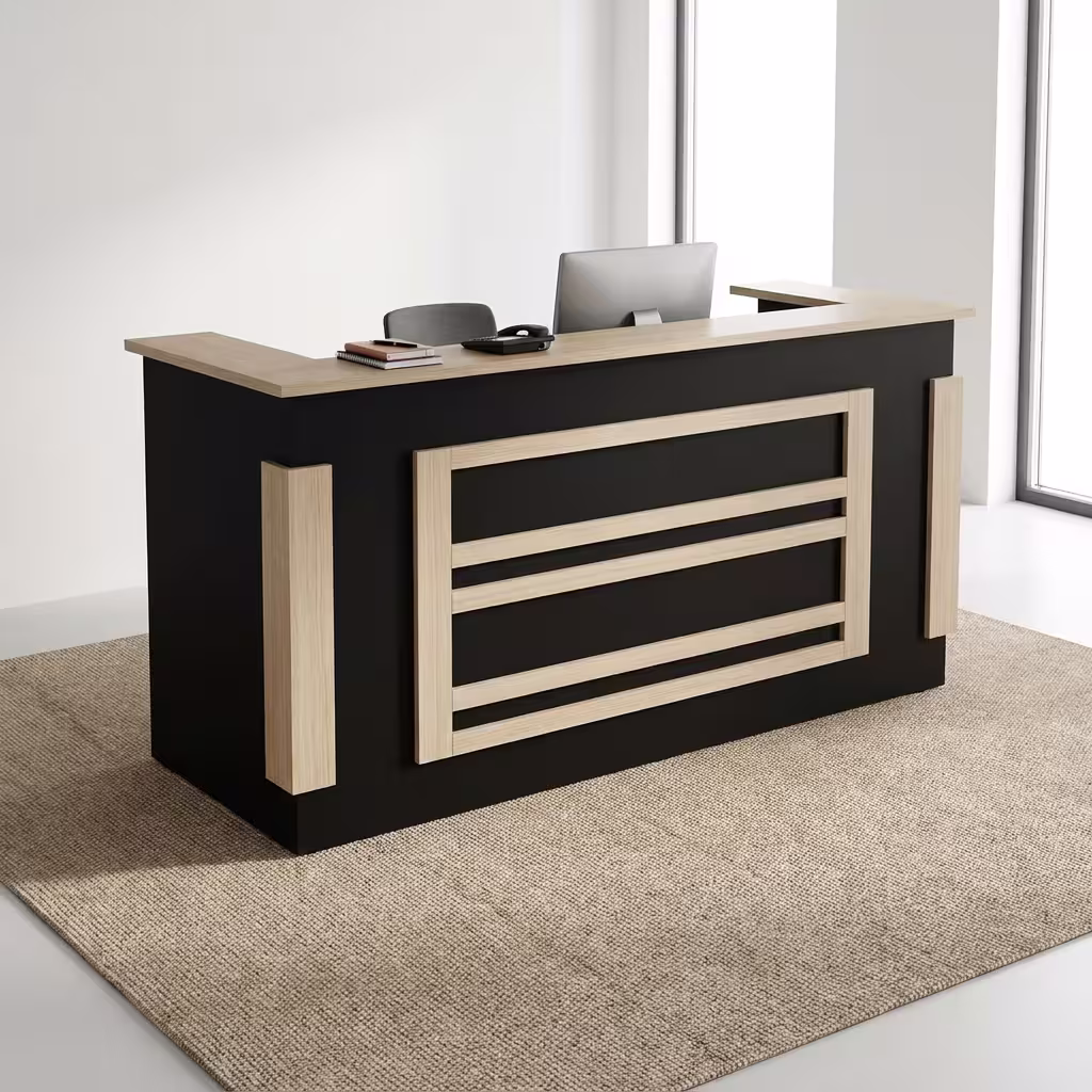 2M Wooden Reception Office Desk Premium 2M Wooden Reception Office Desk with a dark walnut front panel, a white transaction ledge, and built-in drawers in a bright corporate office lobby.