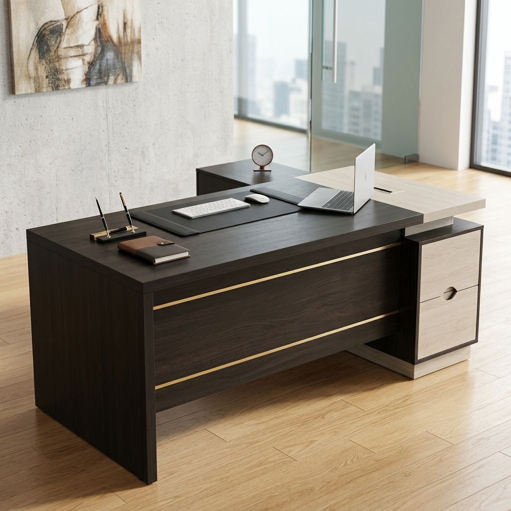 Premium 1.6M L-Shaped Modern Office Desk in a deep espresso woodgrain finish, featuring dual horizontal gold accent trim lines along the front modesty panel and an integrated side return console with cream-colored drawers.
