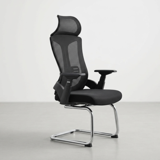 Premium High Back Orthopedic Visitor Chair featuring a black mesh high backrest with an integrated headrest, black sculpted armrests, and a reflective polished chrome sled base on a light grey floor.