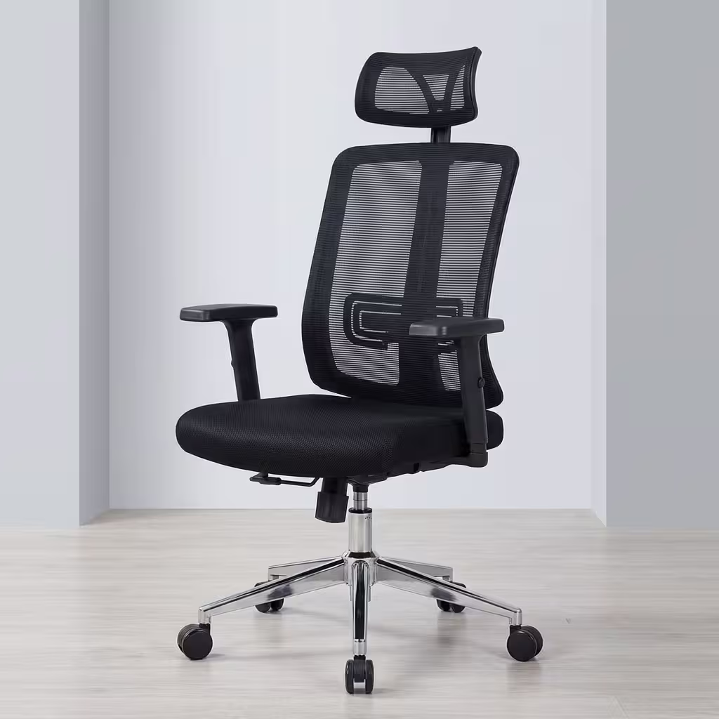 Premium Ergonomic High Back Swivel Office Chair featuring an S-curved black mesh backrest, an adjustable headrest, and a heavy-duty black five-star rolling caster base.