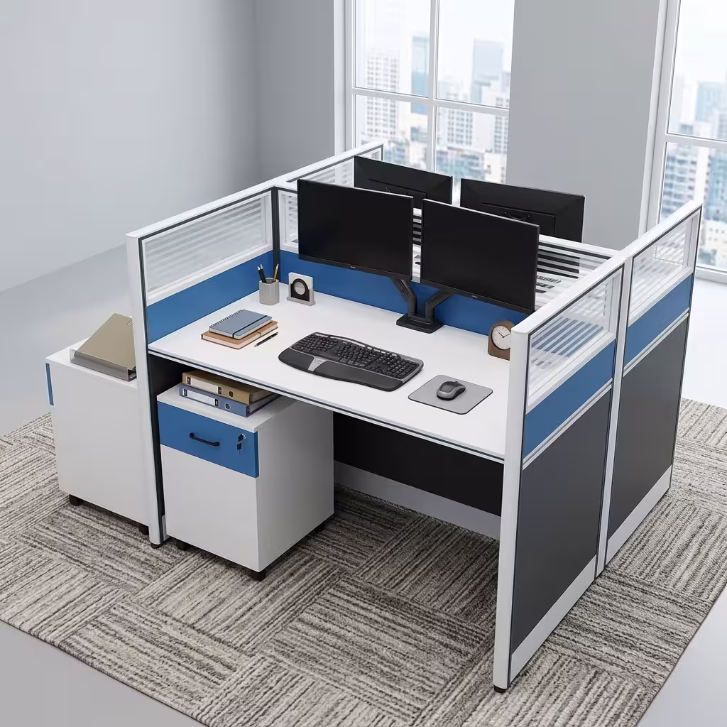 Premium 2-Way Workstation With Mobile Pedestal in a white and dark grey finish, displaying a back-to-back cubicle layout with a sleek laptop, writing utensils, a ceramic mug, electric blue accents, and an integrated lockable under-desk mobile filing cabinet resting on a light grey carpet.