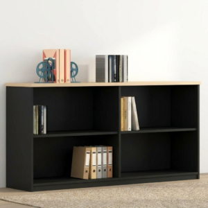 Premium low-profile 4-Shelf Wooden Bookcase with a matte white finish, showcasing a 5-cube storage layout filled with books, binders, and a potted plant on top.
