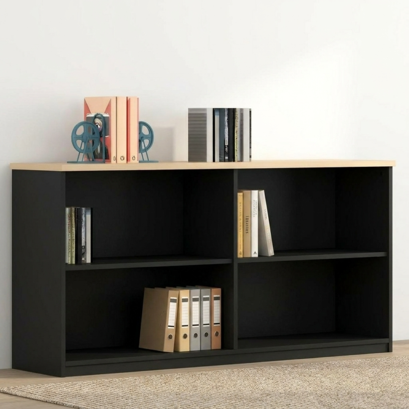 Premium low-profile 4-Shelf Wooden Bookcase with a matte white finish, showcasing a 5-cube storage layout filled with books, binders, and a potted plant on top.