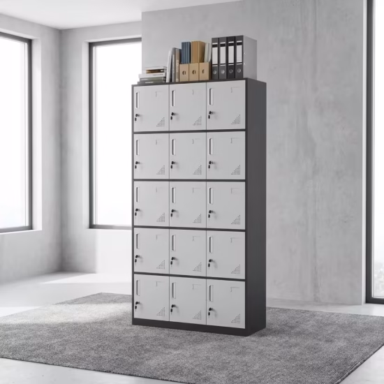Tall 15-Locker Metallic Office Cabinet with a dual-tone white front and black sides, showing individual key cores and air ventilation slots on each door in a corporate breakroom.