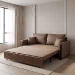Premium 3-Seater Convertible Sofa Bed upholstered in a rich mocha chenille fabric, shown half-extended into a chaise lounge with a phone plugged into the armrest port.