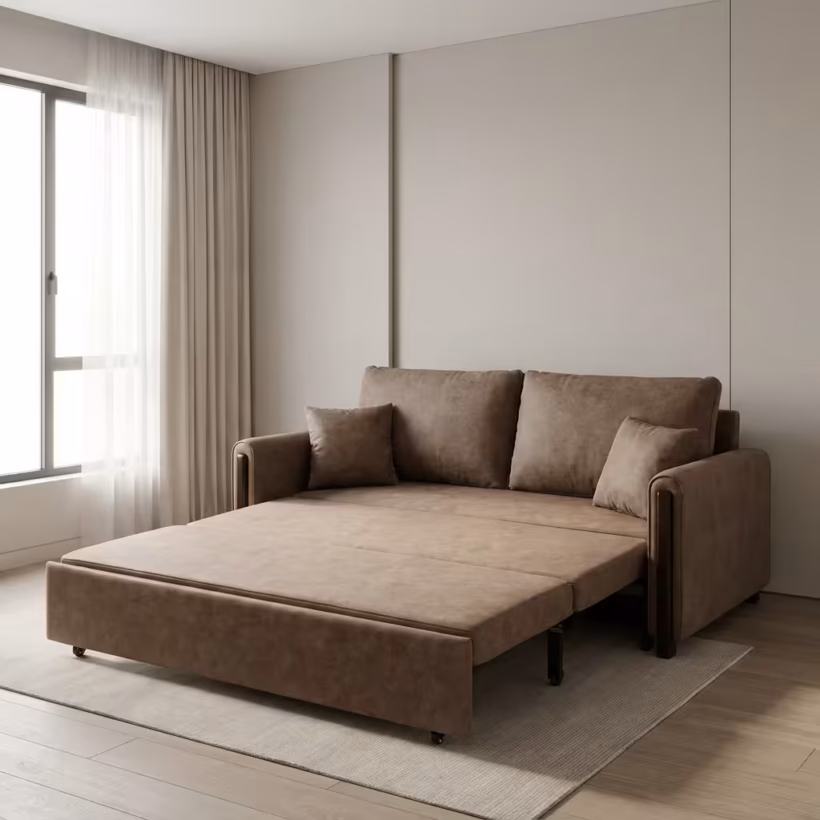 Premium 3-Seater Convertible Sofa Bed upholstered in a rich mocha chenille fabric, shown half-extended into a chaise lounge with a phone plugged into the armrest port.