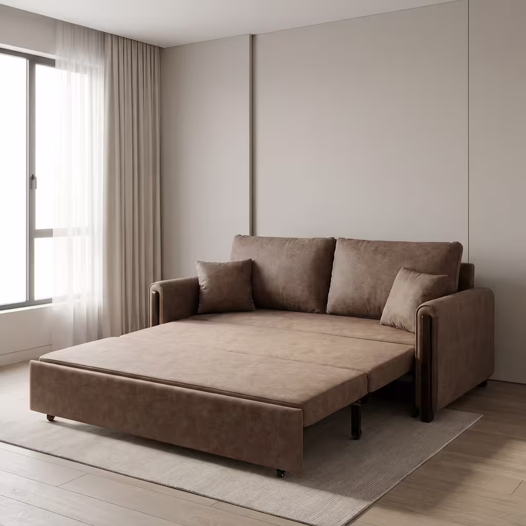 Premium 3-Seater Convertible Sofa Bed upholstered in a rich mocha chenille fabric, shown half-extended into a chaise lounge with a phone plugged into the armrest port.