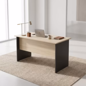 Premium 1.2M Office Desk With 3-Drawers in a sleek oak woodgrain finish with a lockable white drawer face, showing a laptop and office accessories on a light gray rug.