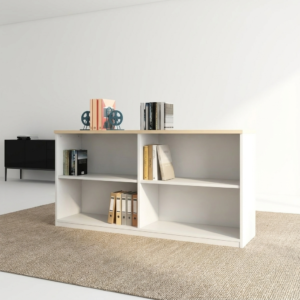 Premium low-profile 4-Shelf Wooden Bookcase with a matte white finish, showcasing a 5-cube storage layout filled with books, binders, and a potted plant on top.