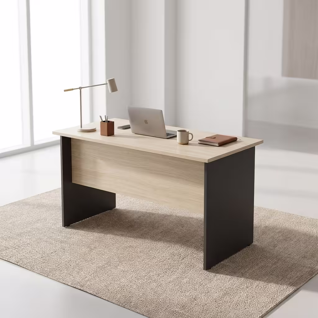 Premium 1.2M Office Desk With 3-Drawers in a sleek oak woodgrain finish with a lockable white drawer face, showing a laptop and office accessories on a light gray rug.