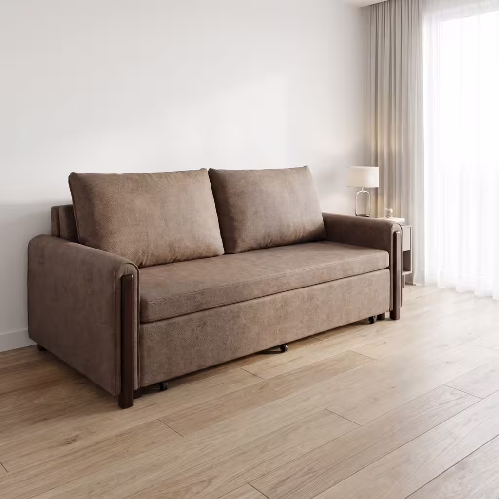 Premium 3-Seater Convertible Sofa Bed upholstered in a rich mocha chenille fabric, shown half-extended into a chaise lounge with a phone plugged into the armrest port.