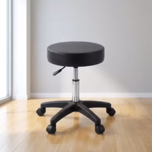 Premium black Height Adjustable Padded Stool featuring a thick circular cushion, a chrome pneumatic lever, and a durable black five-star rolling caster base.