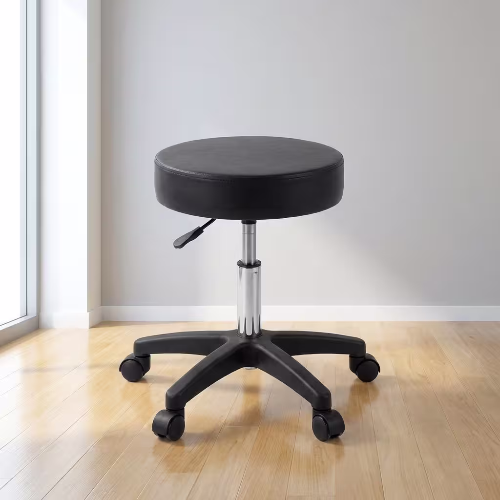 Premium black Height Adjustable Padded Stool featuring a thick circular cushion, a chrome pneumatic lever, and a durable black five-star rolling caster base.