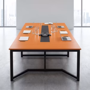 Premium 2400MM Modern Conference Table featuring a thick rustic brown woodgrain top and a bold black steel frame, surrounded by modern office chairs.