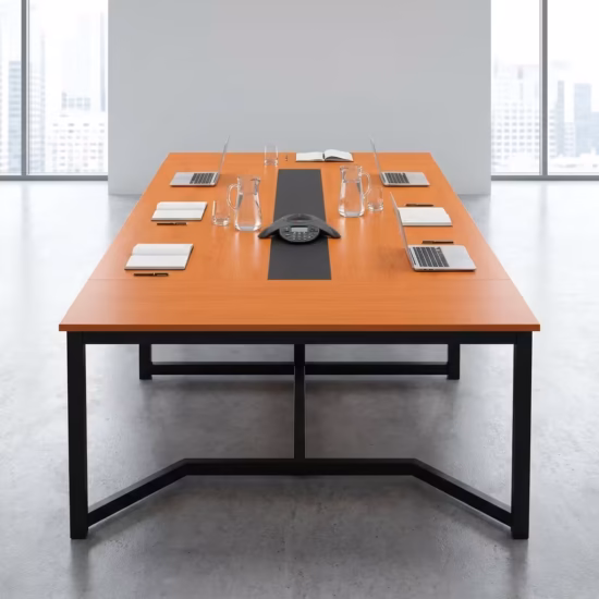 Premium 2400MM Modern Conference Table featuring a thick rustic brown woodgrain top and a bold black steel frame, surrounded by modern office chairs.