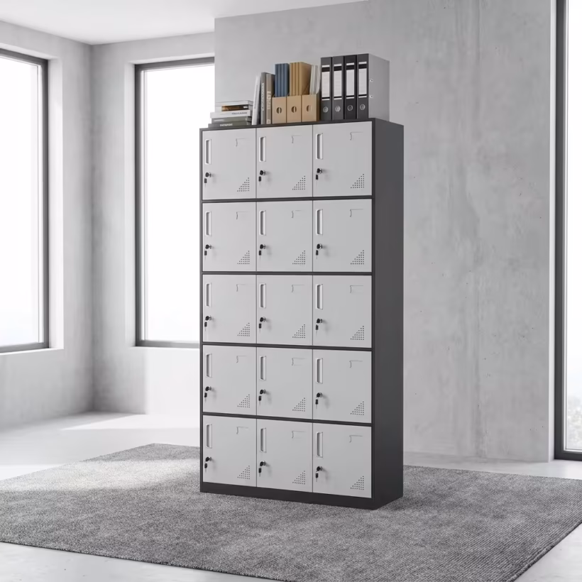 Tall 15-Locker Metallic Office Cabinet with a dual-tone white front and black sides, showing individual key cores and air ventilation slots on each door in a corporate breakroom.