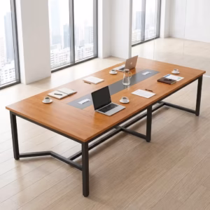 Premium 2400MM Modern Conference Table featuring a thick rustic brown woodgrain top and a bold black steel frame, surrounded by modern office chairs.