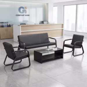Premium 5-Seater Reception Office Sofa Set in smooth matte black faux leather, featuring thick tufted cushions, structural padded armrests with vertical silver accent trim lines, placed in a modern corporate lobby.