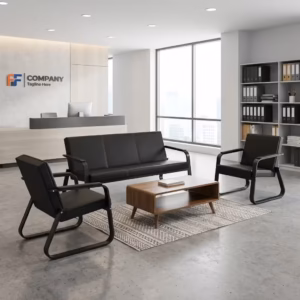 Premium 5-Seater Reception Office Sofa Set in smooth matte black faux leather, featuring thick tufted cushions, structural padded armrests with vertical silver accent trim lines, placed in a modern corporate lobby.