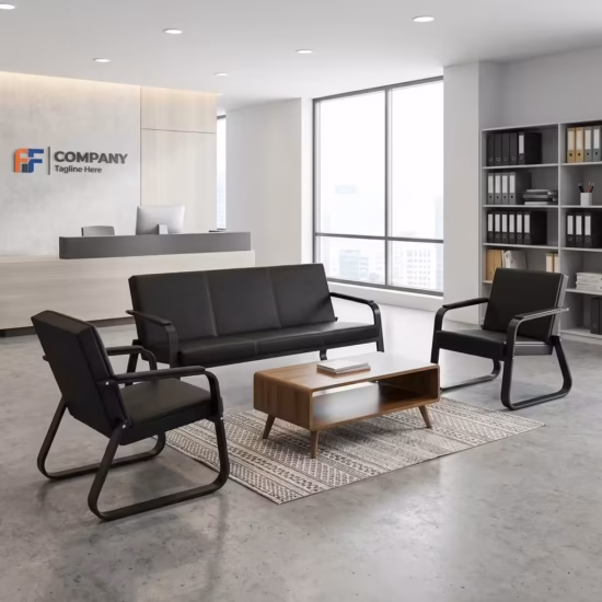 Premium 5-Seater Reception Office Sofa Set in smooth matte black faux leather, featuring thick tufted cushions, structural padded armrests with vertical silver accent trim lines, placed in a modern corporate lobby.