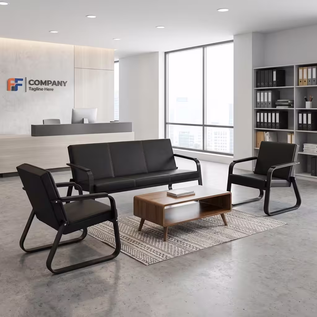 Premium 5-Seater Reception Office Sofa Set in smooth matte black faux leather, featuring thick tufted cushions, structural padded armrests with vertical silver accent trim lines, placed in a modern corporate lobby.