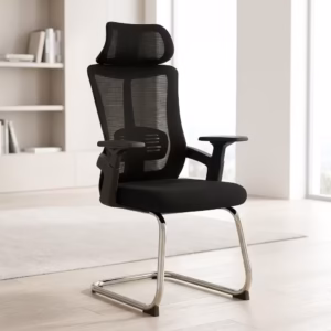 Premium High Back Orthopedic Visitor Chair featuring a black mesh high backrest with an integrated headrest, black sculpted armrests, and a reflective polished chrome sled base on a light grey floor.