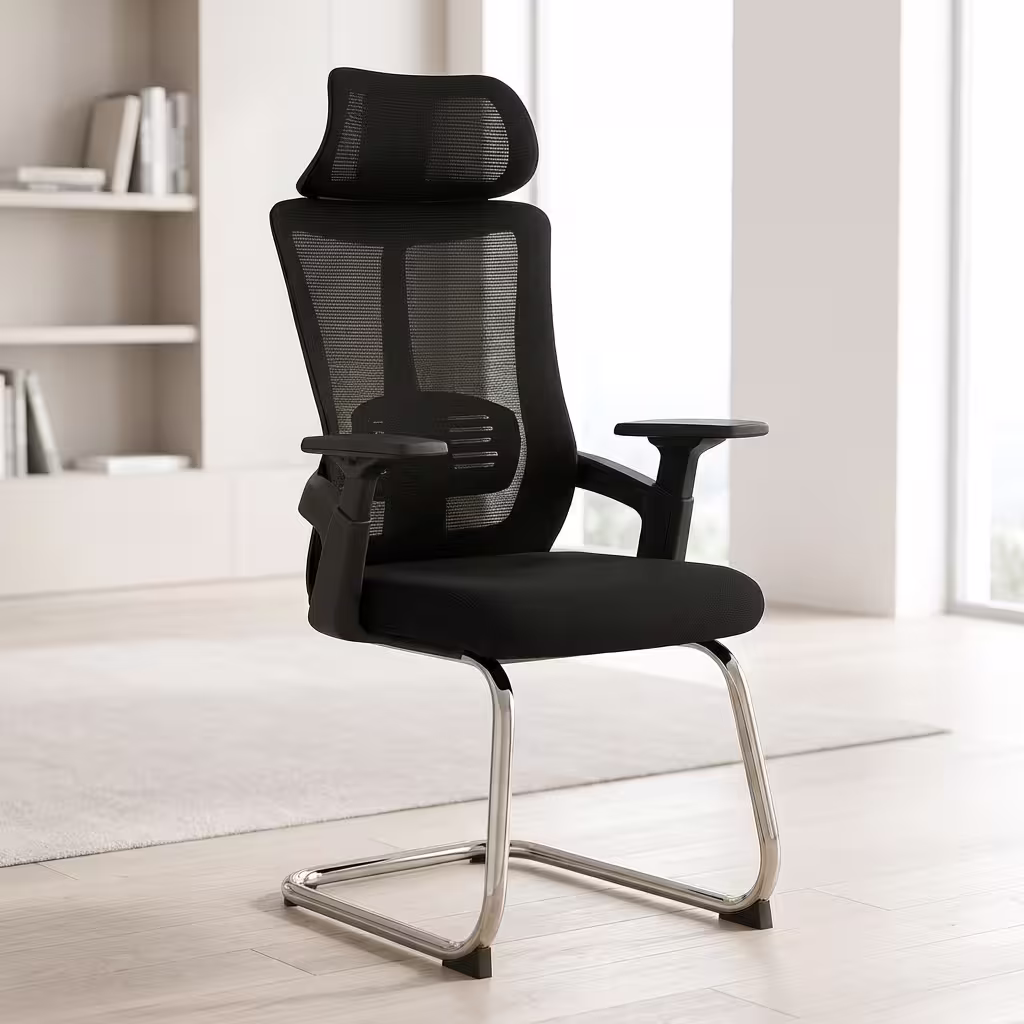 Premium High Back Orthopedic Visitor Chair featuring a black mesh high backrest with an integrated headrest, black sculpted armrests, and a reflective polished chrome sled base on a light grey floor.
