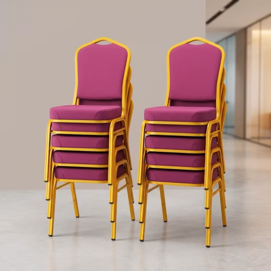 Premium Stackable Banquet Conference Chairs featuring a high-prestige crown-back silhouette in a textured fabric upholstery, supported by a sturdy four-legged powder-coated steel tube frame, standing in a structured row inside a modern conference room.