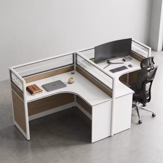 Premium 2-Way Curved Office Workstation showcasing an elevated perspective of a back-to-back dual user layout, featuring curved L-shaped white tables with natural woodgrain side panels, integrated translucent slatted glass privacy partition screens, and active workspaces with a curved monitor, laptop, and a black mesh ergonomic task chair on a smooth grey concrete floor.