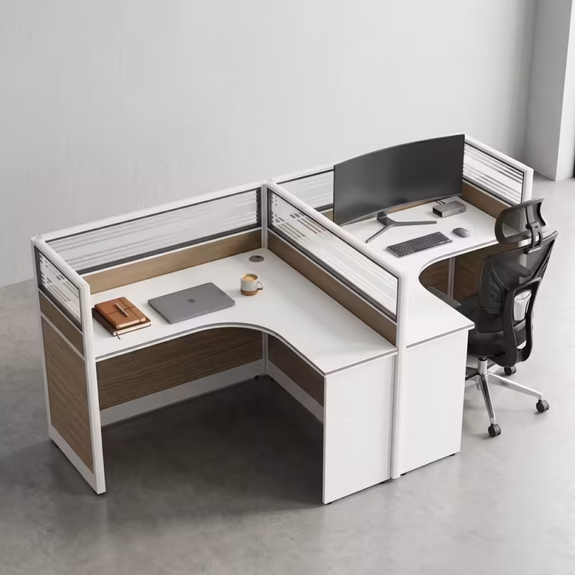 Premium 2-Way Curved Office Workstation showcasing an elevated perspective of a back-to-back dual user layout, featuring curved L-shaped white tables with natural woodgrain side panels, integrated translucent slatted glass privacy partition screens, and active workspaces with a curved monitor, laptop, and a black mesh ergonomic task chair on a smooth grey concrete floor.