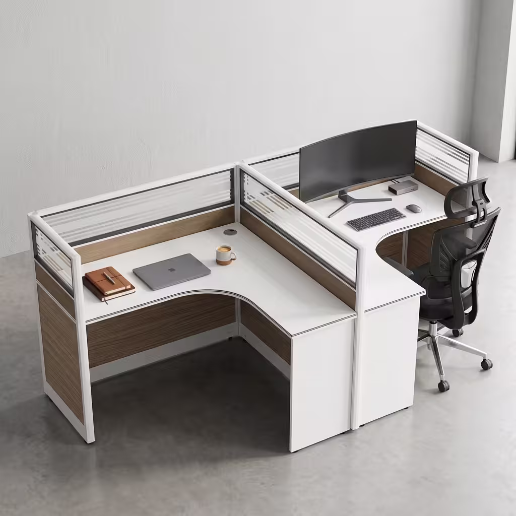 Premium 2-Way Curved Office Workstation showcasing an elevated perspective of a back-to-back dual user layout, featuring curved L-shaped white tables with natural woodgrain side panels, integrated translucent slatted glass privacy partition screens, and active workspaces with a curved monitor, laptop, and a black mesh ergonomic task chair on a smooth grey concrete floor.