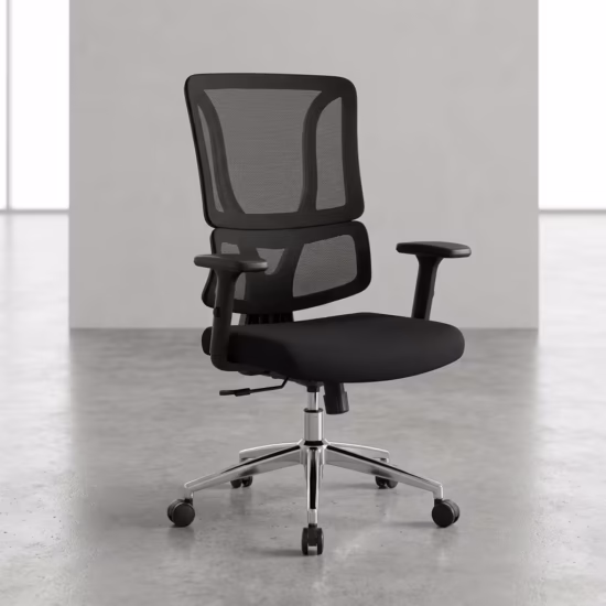 Premium mid-back Office Chair With Lumbar Support featuring a black open-mesh backrest, adjustable T-shaped armrests, a thick fabric seat cushion, and a reflective polished chrome star base with rolling wheels, standing on a polished concrete floor.