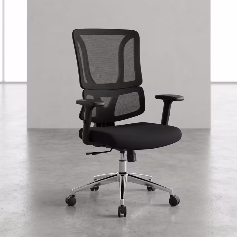 Premium mid-back Office Chair With Lumbar Support featuring a black open-mesh backrest, adjustable T-shaped armrests, a thick fabric seat cushion, and a reflective polished chrome star base with rolling wheels, standing on a polished concrete floor.