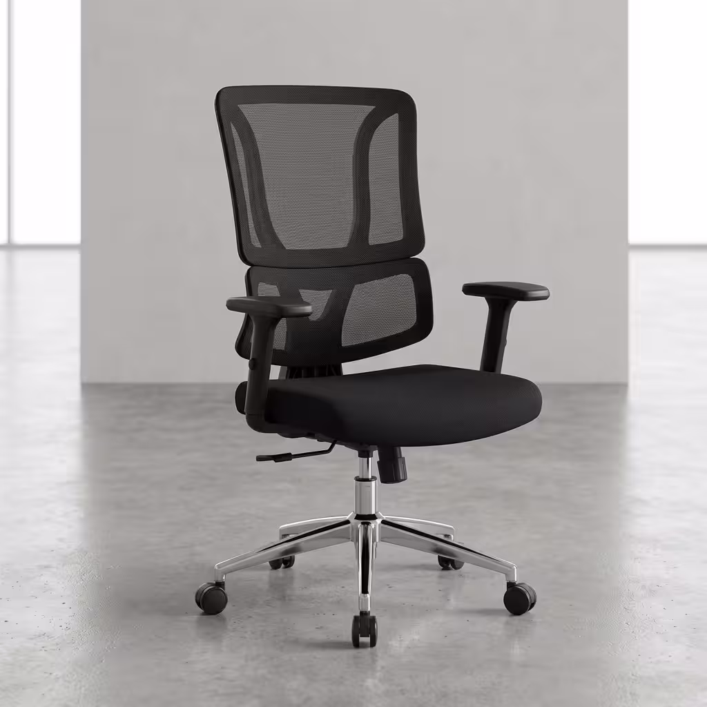Premium mid-back Office Chair With Lumbar Support featuring a black open-mesh backrest, adjustable T-shaped armrests, a thick fabric seat cushion, and a reflective polished chrome star base with rolling wheels, standing on a polished concrete floor.