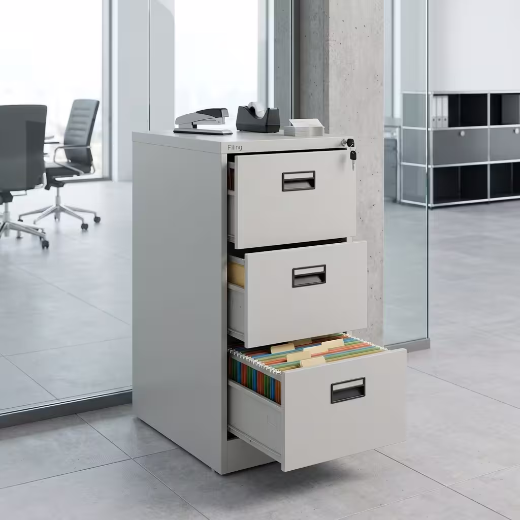 Premium 3-Drawer Cabinet With Single-Key in a professional light gray powder-coated steel finish, showing all three drawers staggered open to reveal legal hanging file tabs, complete with a key inserted in the top lock core, a stapler, and a tape dispenser on top, resting on large gray floor tiles in a glass-partitioned modern office.