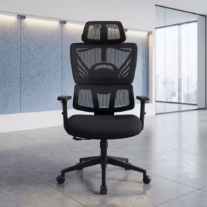 Premium High-Back Ergonomic Mesh High Back Office Chair featuring an open-airflow black mesh split backrest, matching black adjustable headrest, flat armrests, a plush black seat cushion, and a matte black five-star star base with rolling wheels, standing on a grey tile floor.