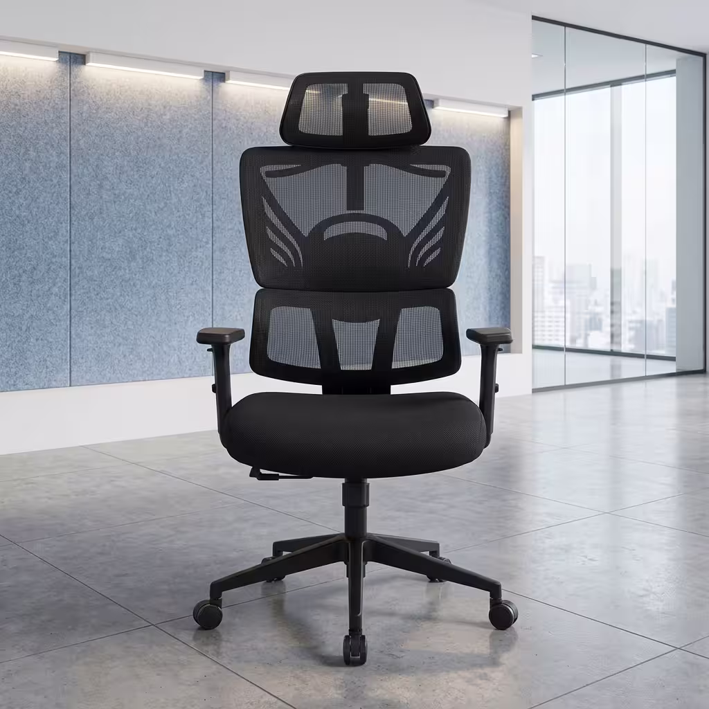 Premium High-Back Ergonomic Mesh High Back Office Chair featuring an open-airflow black mesh split backrest, matching black adjustable headrest, flat armrests, a plush black seat cushion, and a matte black five-star star base with rolling wheels, standing on a grey tile floor.